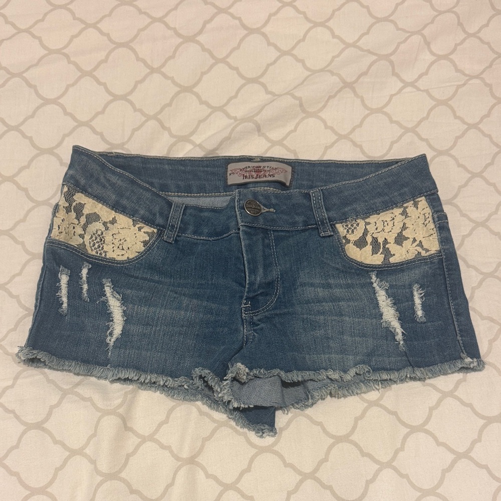 Miss Me Blue Jean Shorts with Lace Detail